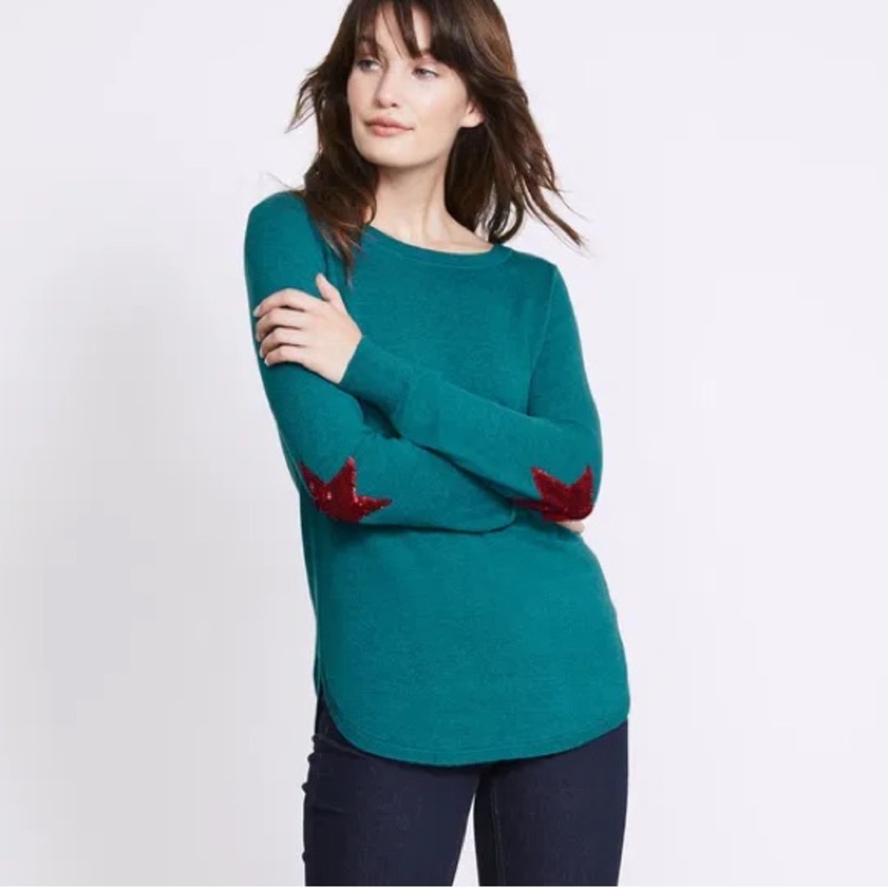 Boden Susie Sequin Star Elbow Jumper sweater blue wool cotton blend size XS